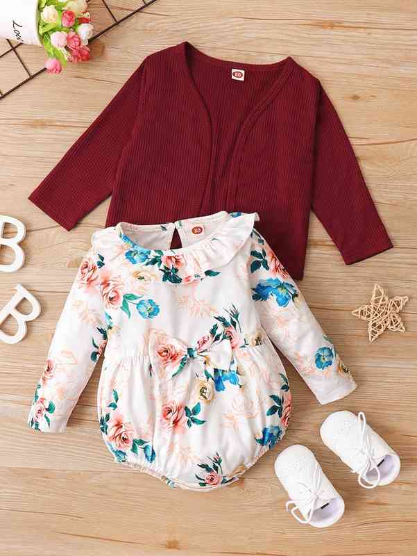 Baby Open Front Coat & Floral Print Ruffle Trim Bodysuit SHE