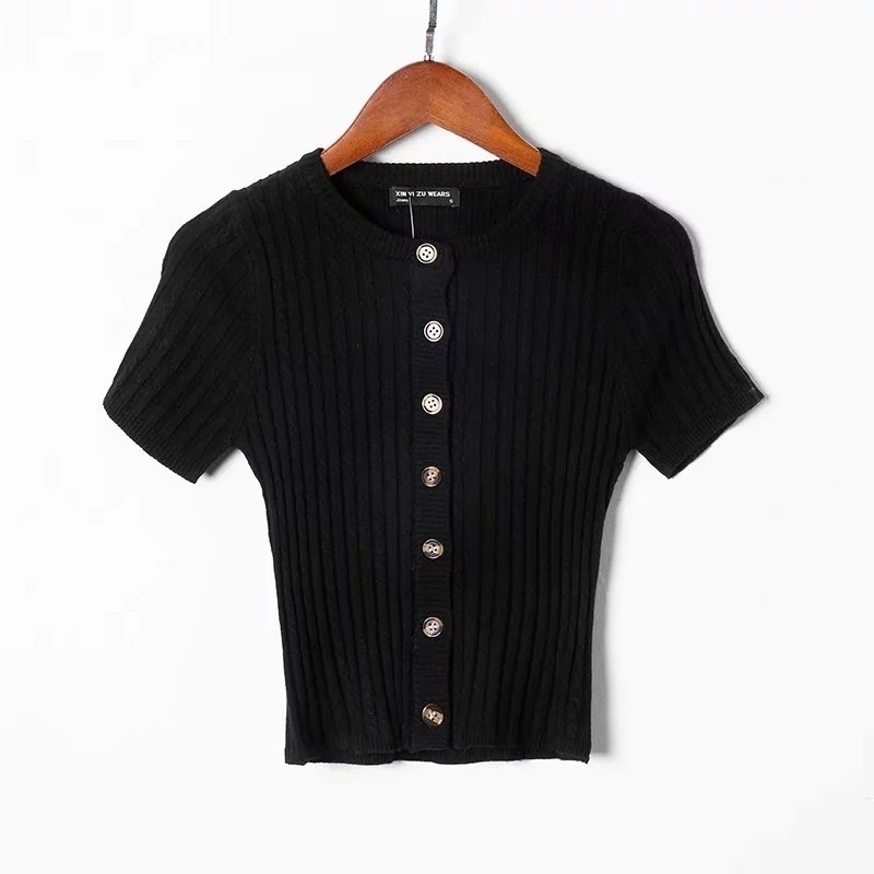 Sexy short sleeve crop cardigan women sweater vintage black white knitted fall korean winter tops 210521