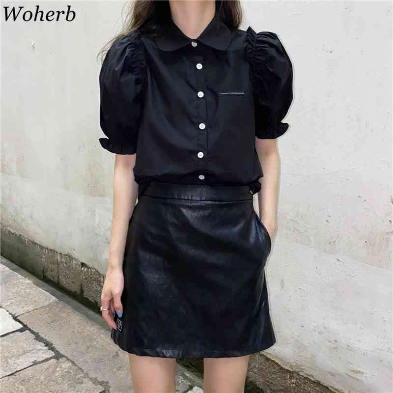 Shirts Women Summer Puff Sleeve Peter Pan Collar Tops Korean Wild Solid Color Blouse Fashion Elegant Office Lady Clothing 210519
