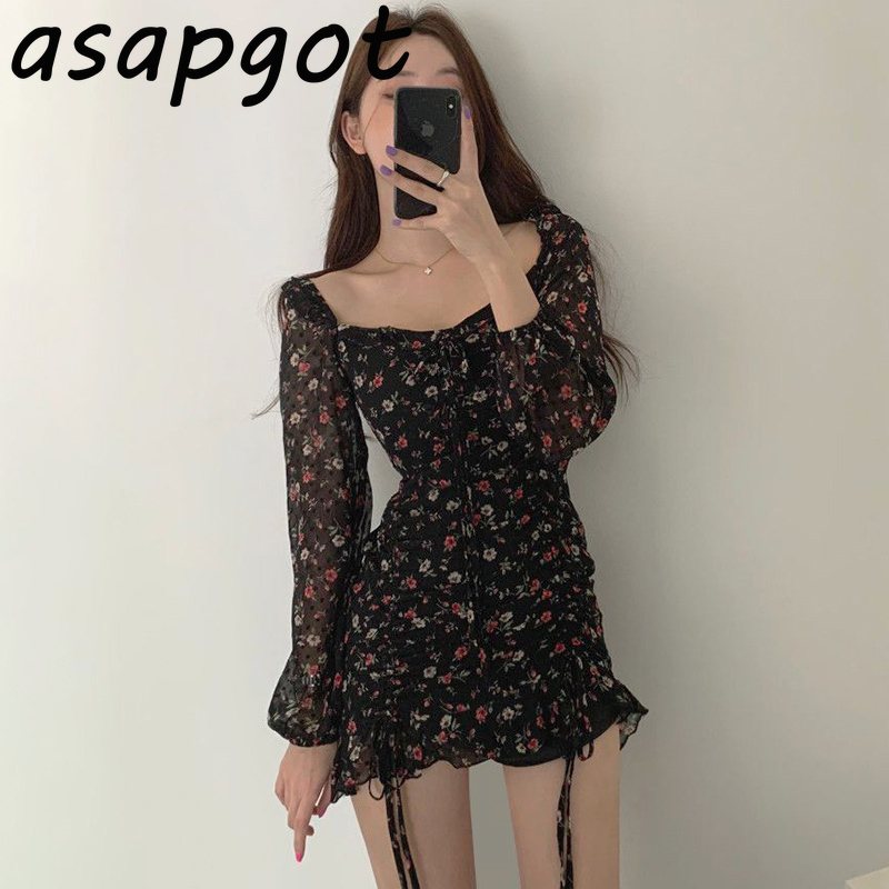 Chic Korean Sweet Lace Up Waist Drawstring Black Floral Dress Women Mini Square Neck Ruffles Spring Fashion Wild 210429