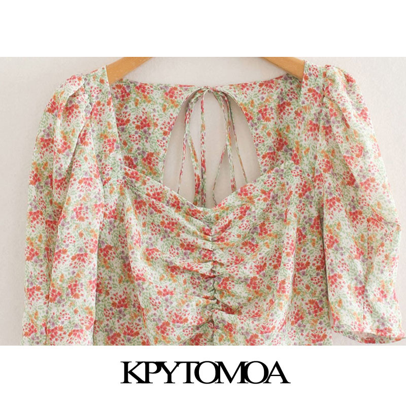 Women Chic Fashion Floral Print Pleated Midi Dress Puff Sleeve Back Zipper Female Dresses Vestidos Mujer 210420