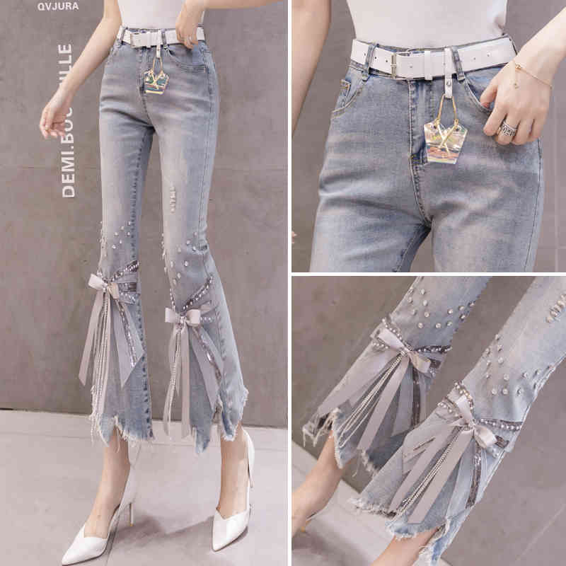 women's jeans fashion denim pants women new slim high waist frayed irregular heavy bow beaded flared waisted 6awm, Blue
women's jeans fashion denim pants women new slim high waist frayed irregular heavy bow beaded flared waisted 6awm, Blue