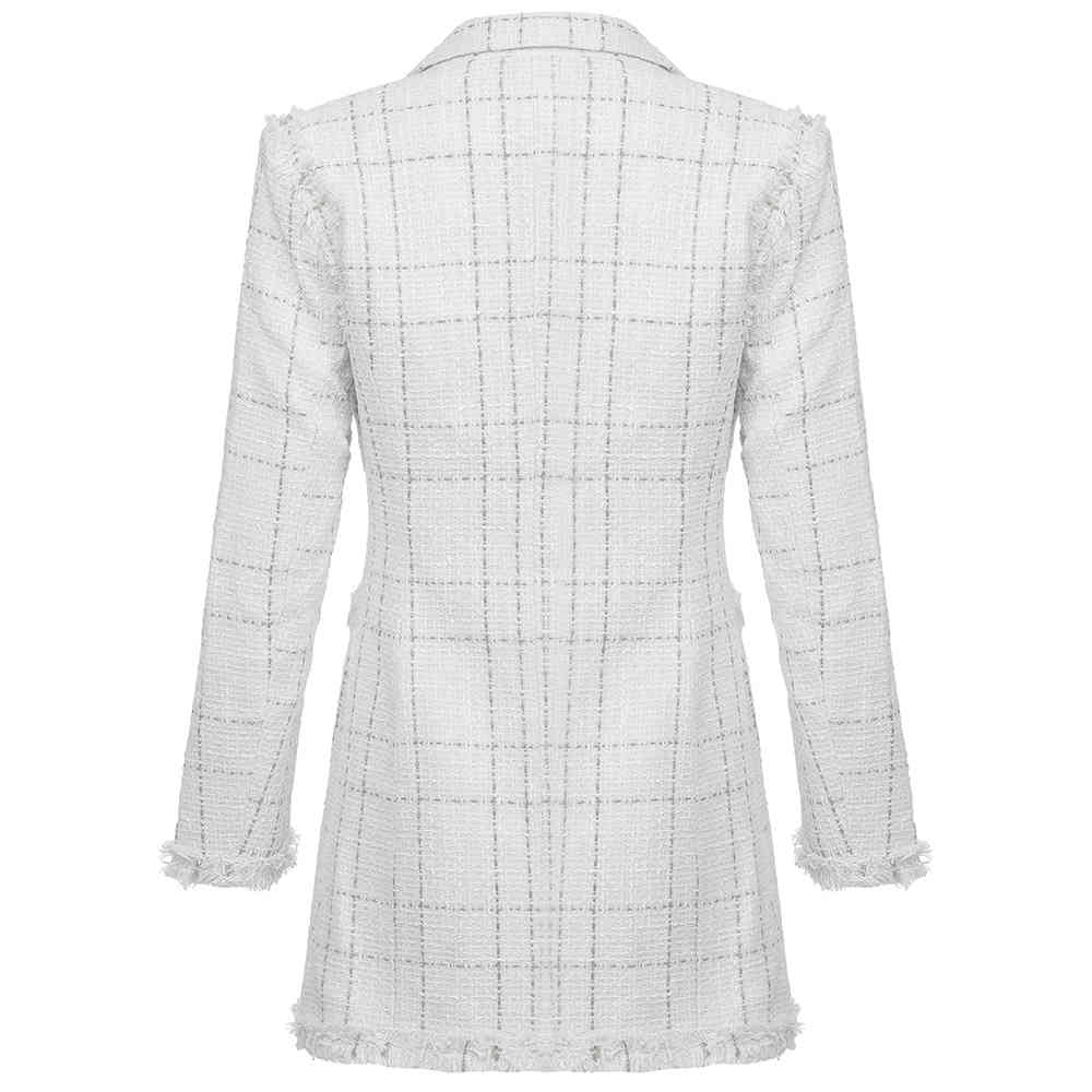 Gold Line Plaid Suit V-Neck Ladies Notched Double-Breasted Feather Tassel Trim Slim Sexy Party Tweed Coat 210525