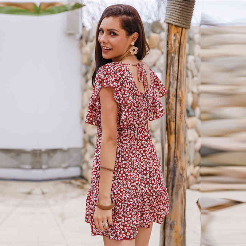 Fashion Butterfly Sleeve Floral Dress Women Casual Ruffles V Neck High Waist Autumn Winter Slim Print Dress For Women New 210413