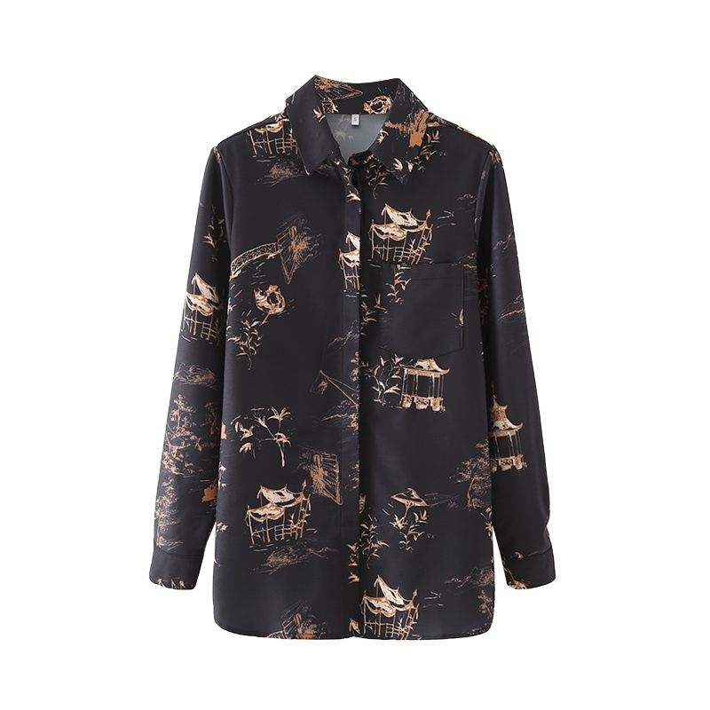 Vintage Women Black Print Shirts Fashion Ladies Turn Down Collar Tops Chinese Style Female Chic Pocket Blouses 210430