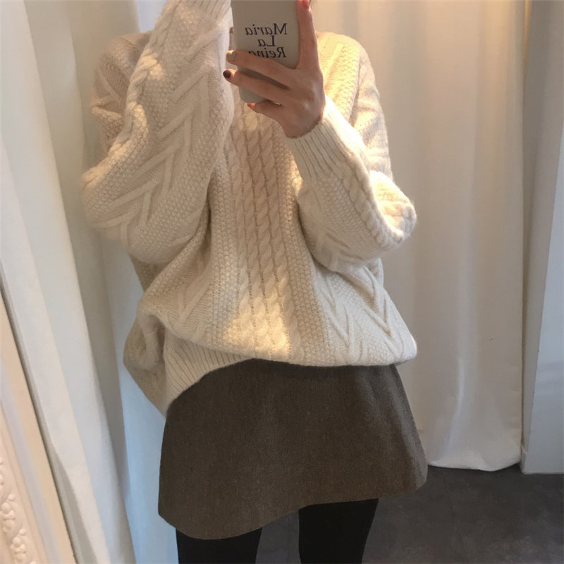 Sweet Beige Women Thicken Lazy Style Warm Large Size Fresh Casual All-Match Loose Basic Pullovers Knitted Sweaters 210421