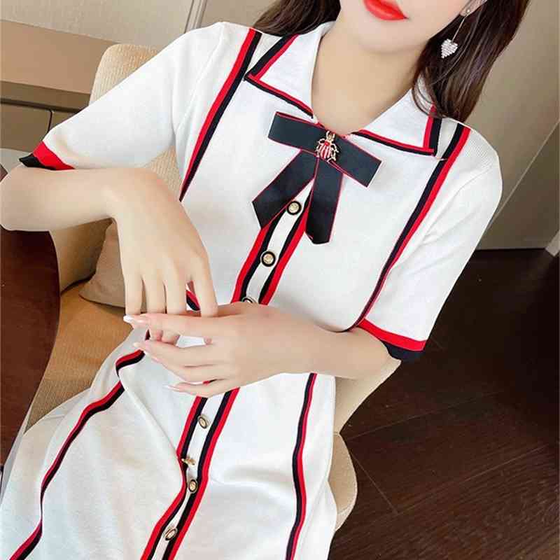 Summer Bow Lapel Long Sleeve Single-Breasted Knitted Dress Vintage Hit color Striped Casual A-Line 210519