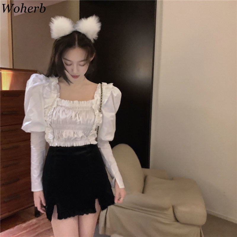 Sexy Off Shoulder Blouse Korean Chic Women Shirt Square Collar Long Puff Sleeve Crop Top Elegant Summer Blusas Mujer 210519