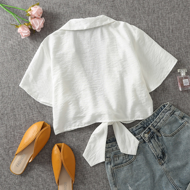 PUWD Casual Women V Neck Bow Lace Blouse Summer Fashion Ladies High Street Shirt Female Solid Color Top 210522