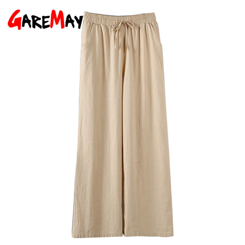 Casual Cotton Linen Pants Women Spring Summer Loose Capri Wide Leg Khaki Elastic Waist Solid Basic Trousers for 210428