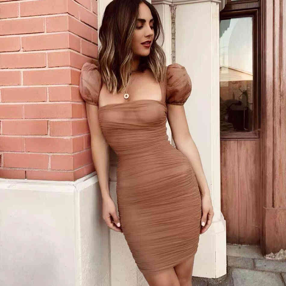 Arrive Summer Women Celebrity Evening Party Dresses Vestidos Sexy Khaki Short Sleeve Strapless Bodycon Club Dress 210423