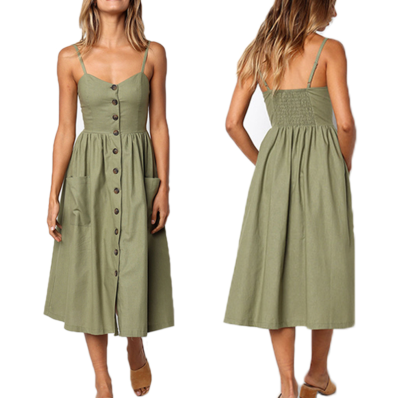 Elegant Button Sexy Dresses Women Straps V Neck Off Shoulder Backless Pocket Midi Vintage Lady Beach Summer Vestidos 210522