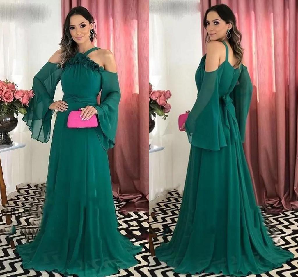 Elegant Sexy Hunter Green Halter A-line Evening Dresses Long Sleeves Pleated Floor Length Chiffon Formal Prom Party Gowns With Bow Custom Made