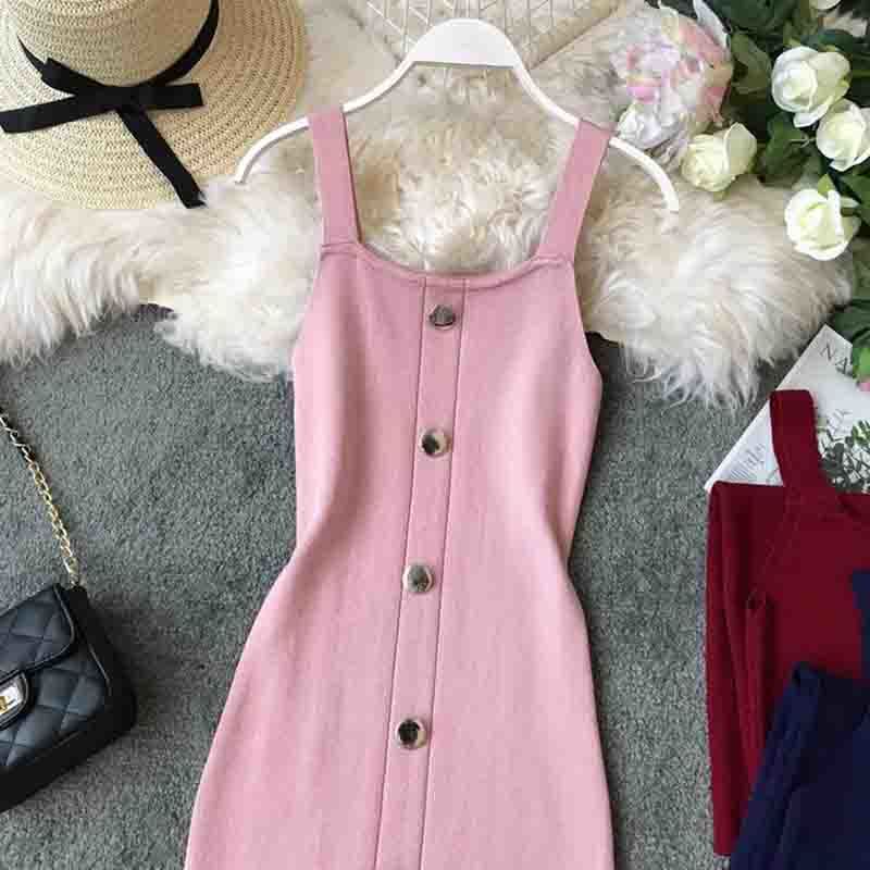 Women Summer Runway Knitted Dress Elegant Button Sleeveless Spaghetti Strap Split Sexy Dress Elastic Slim Knit Vestidos 210521