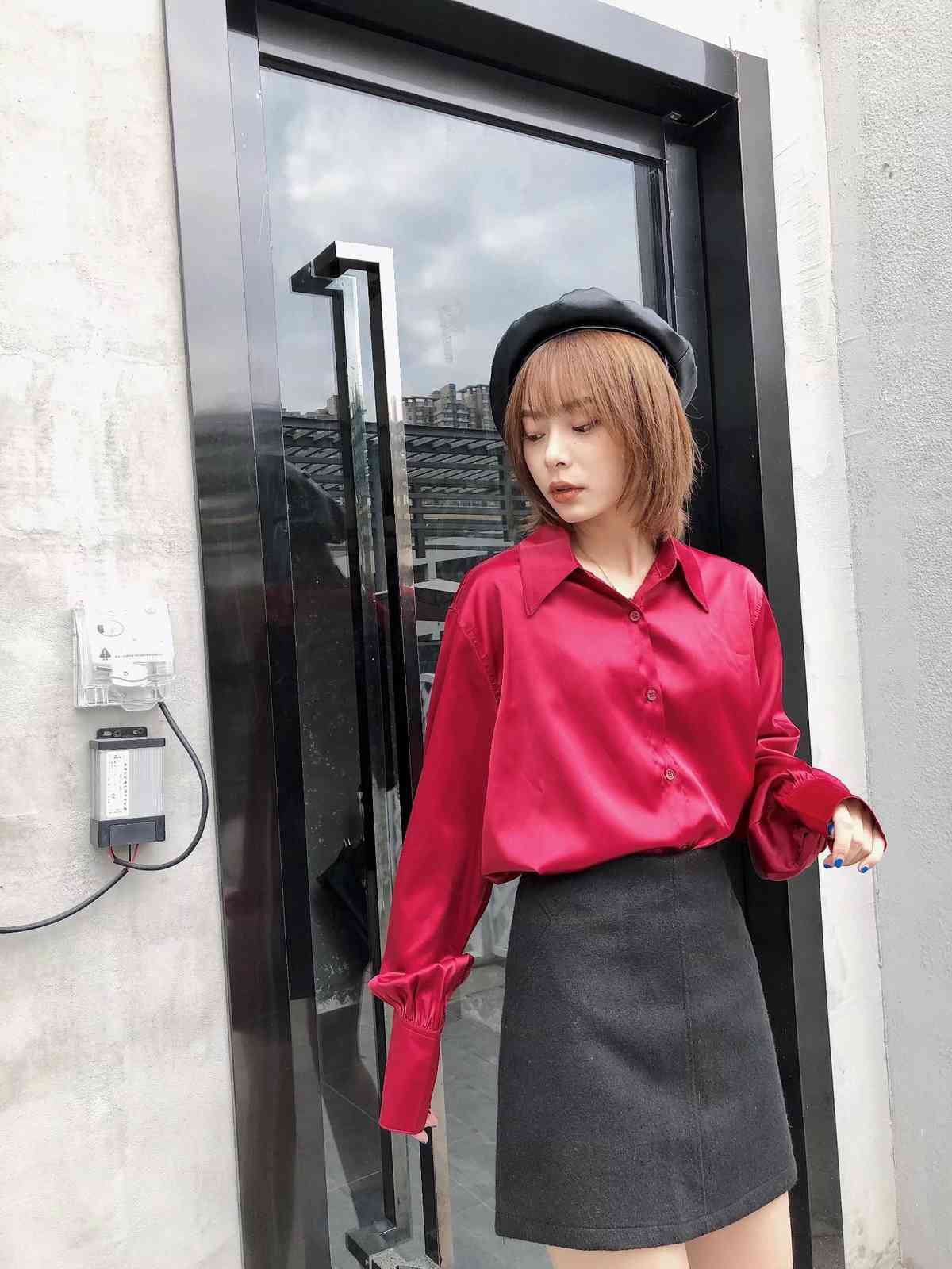 Bright Wine Red Long sleeve Satin Shirt Like Silk Casual Women Lapel Hem Irregular Elegant Blouse Loose Tops Korean Clothes 210429