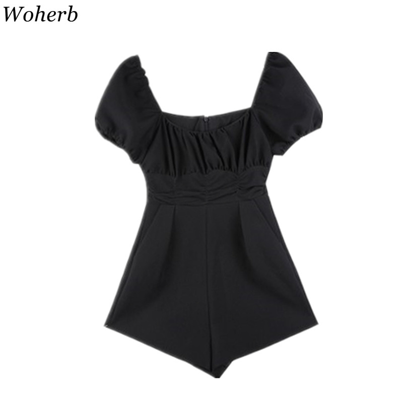 Womens Jumpsuit Korean Clothes Sweet Slim Fit Ruffles Bodysuit Puff Sleeve Rompers Wide Leg Short Pants Playsuit 210519