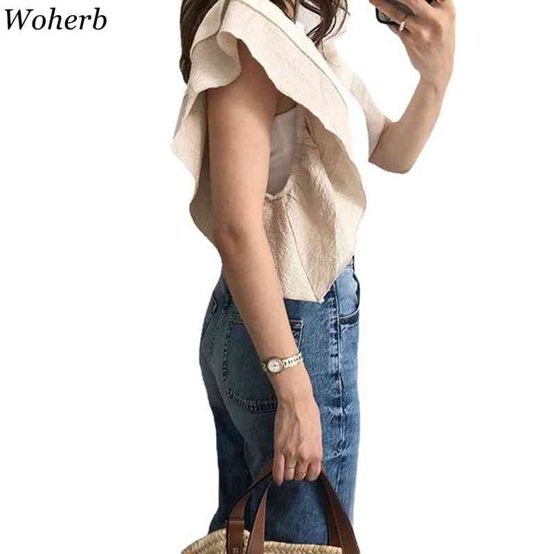 Summer Ruffle Patchwork Slim T-Shirt Women Flying Short Sleeve Tees Elegant Casual Tops Ladies O Neck Tshirts 210519