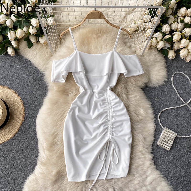 Neploe Off Shoulder Ruffle Mini Dress Women Summer Sexy Slash Neck Slim Waist Sling Dresses Bodycon Drawstring Vestidos 210422