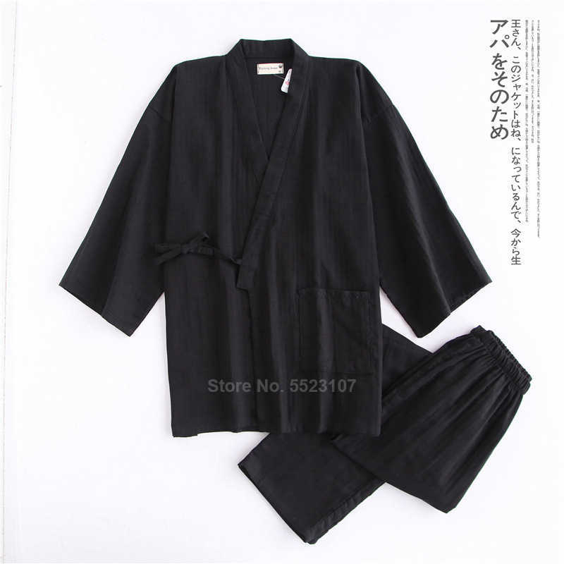 Man Kimono Pajamas Set For Samurai Male Cotton Traditional Japanese Top Trousers Casual Breathable Yukata Sleepwear Clothes 211019