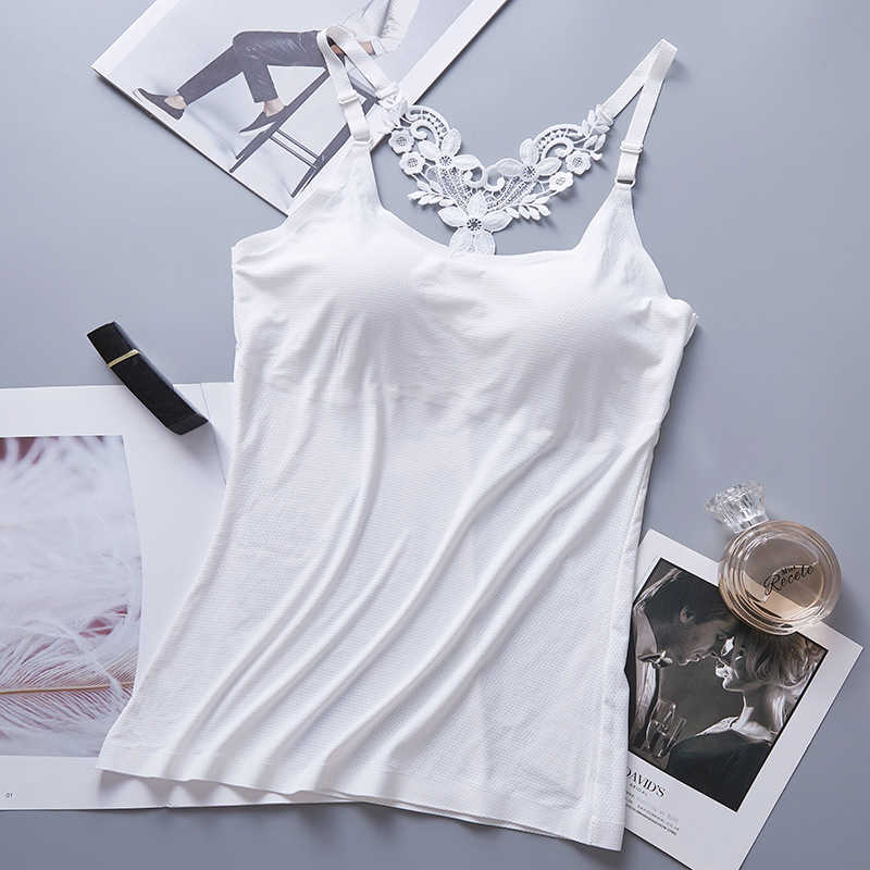 Camis Summer Sexy embroidered Backless Women Tank Tops Sexy Slim Lady Built In Bra Self Mold Bra Tops Strap Camisole TX060 210625