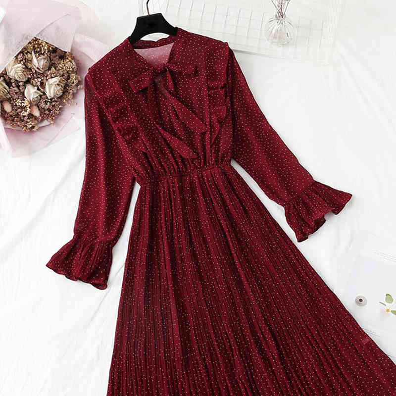 Spring Summer Women Print Pleated Chiffon Dress Fashion Female Casual Flare Sleeve Bow Vintage Basic Dresses 210521