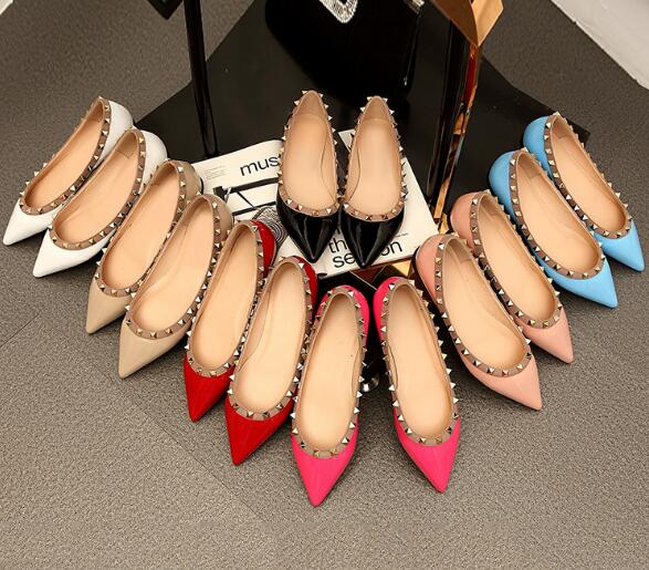 classic genuine leather v stud ballerina flats blue black nude red yellow rose pink luxury designer runway classic fashion women