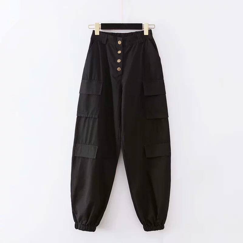 Nomikuma BF Style Women Cargo Pants Single Breasted High Waist Harem Pants Autumn New Pockets Femme Long Trousers 6C933 210427