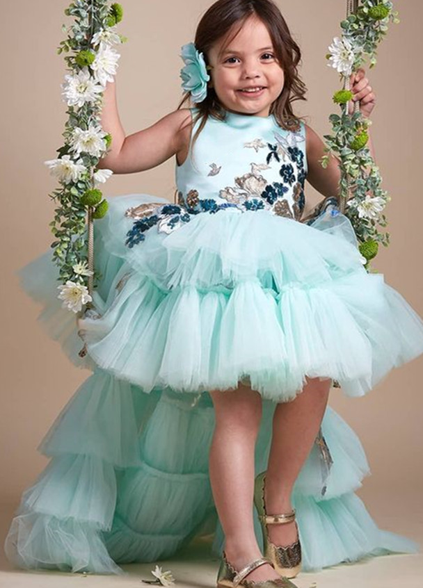 2021 Sky Blue Lace Pink Flower Girl Dresses Ball Gown Hi-Lo Tulle Lilttle Kids Birthday Pageant Weddding Gowns