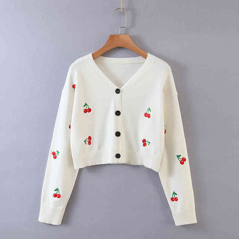 Sweet Cute Kawaii Pink Cherry Embroidery Women Autumn Knitted Cardigan Tops Chic V-neck Single-breasted Sweaters 210514