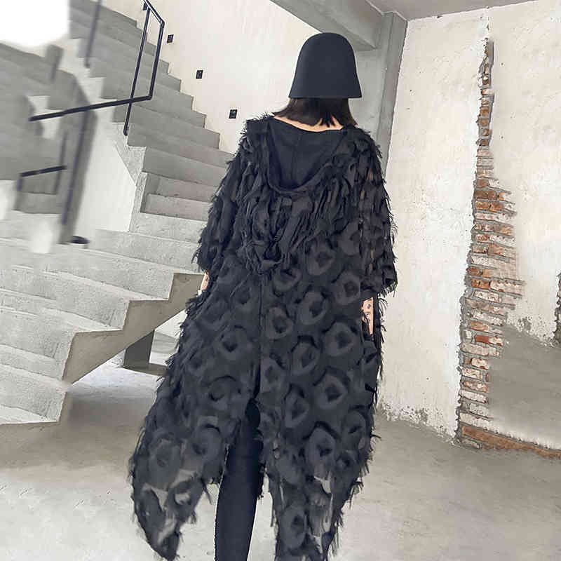 [EAM] Women Black Feather Split Big Size Dress New V-Neck Three-quarter Sleeve Loose Fit Fashion Tide Spring Summer 1T159 210409