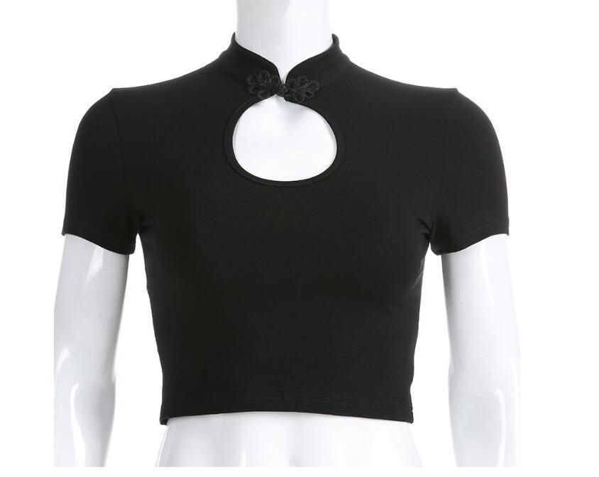 Harajuku Mandarin Collar Fit Tee with Open Neckline Cut Out Slim Top Frogging Button Hollow t-shirt Black 210429