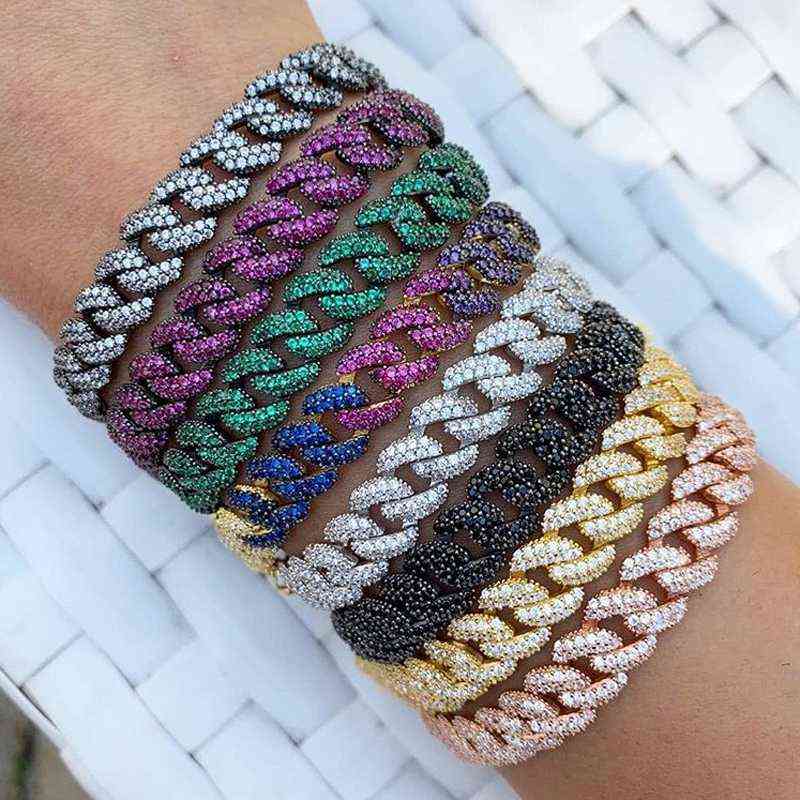 Bling Iced Out Miami Bracelet Hip Hop Women Men Jewelry Gold Silver Color Cz Thick 10mm Cuban Link Chain 211124