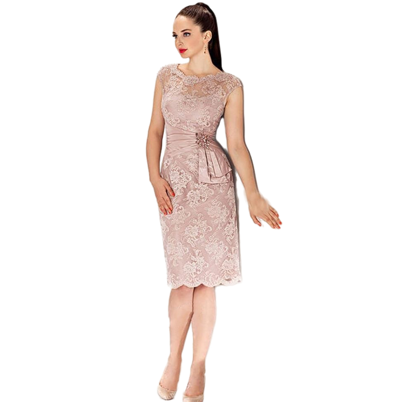 Elegant Dusty Pink Sheath Short Groom Mother's Dresses Knee Length Lace Appliques Beaded Mother Of The Bride Dresses Wedding Guest Gowns Jewel ne