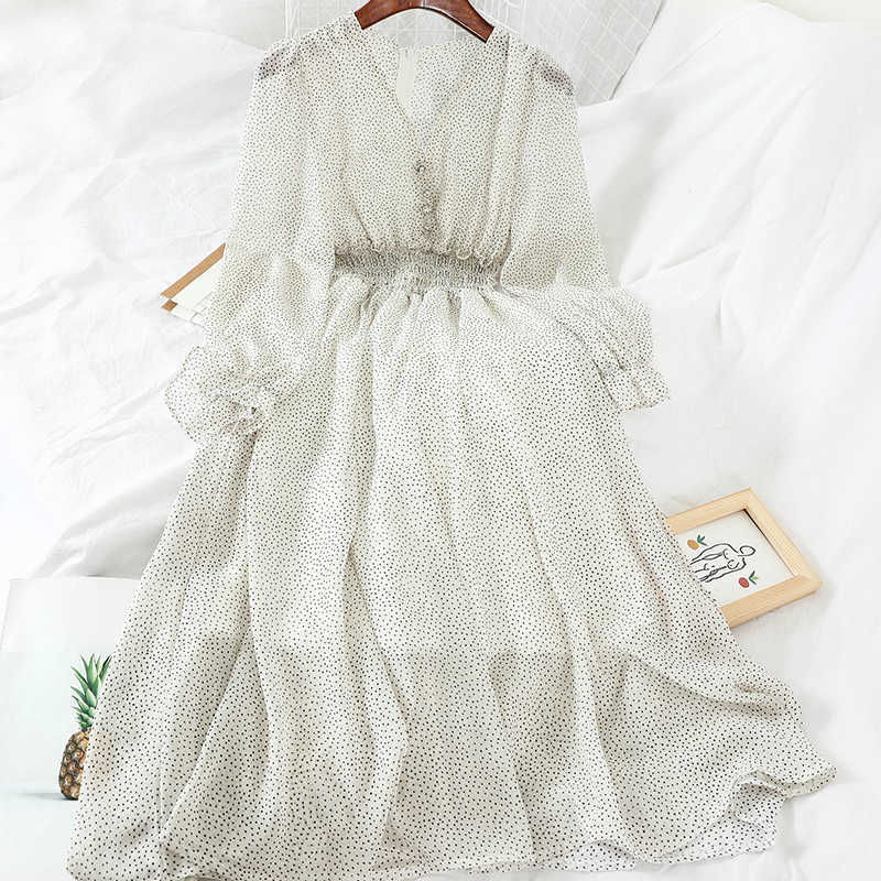 Autumn V Neck Polka Dot Slim Chiffon Dress Button Puff Sleeve High Waist Elegant Women Mid-calf 210623