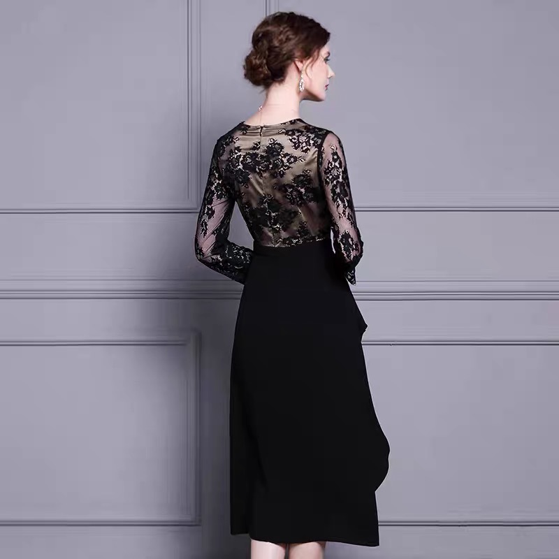 elegant vintage dark green ruffles patchwork midi dress for women casual office lady lace high waist dresses robe fashion 210421