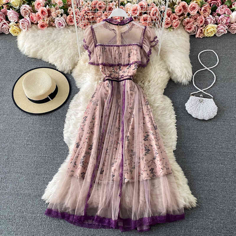 Gagarich Women Dress Summer French Palace Style Ladies Vintage Celebrity Temperament Tie Collar Ruffle Printed Mesh Vestido 210409