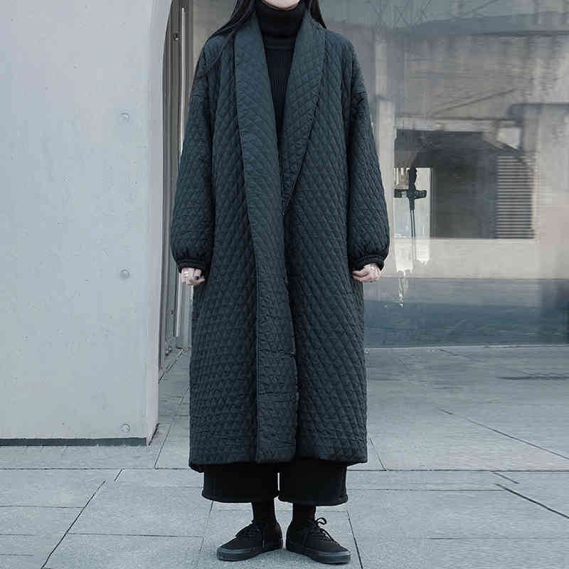 VGH Loose Argyle Parkas For Women V Neck Long Sleeve Solid Minimalist Basic Casual Midi Coat Female Winter Fashion New Tide 210421