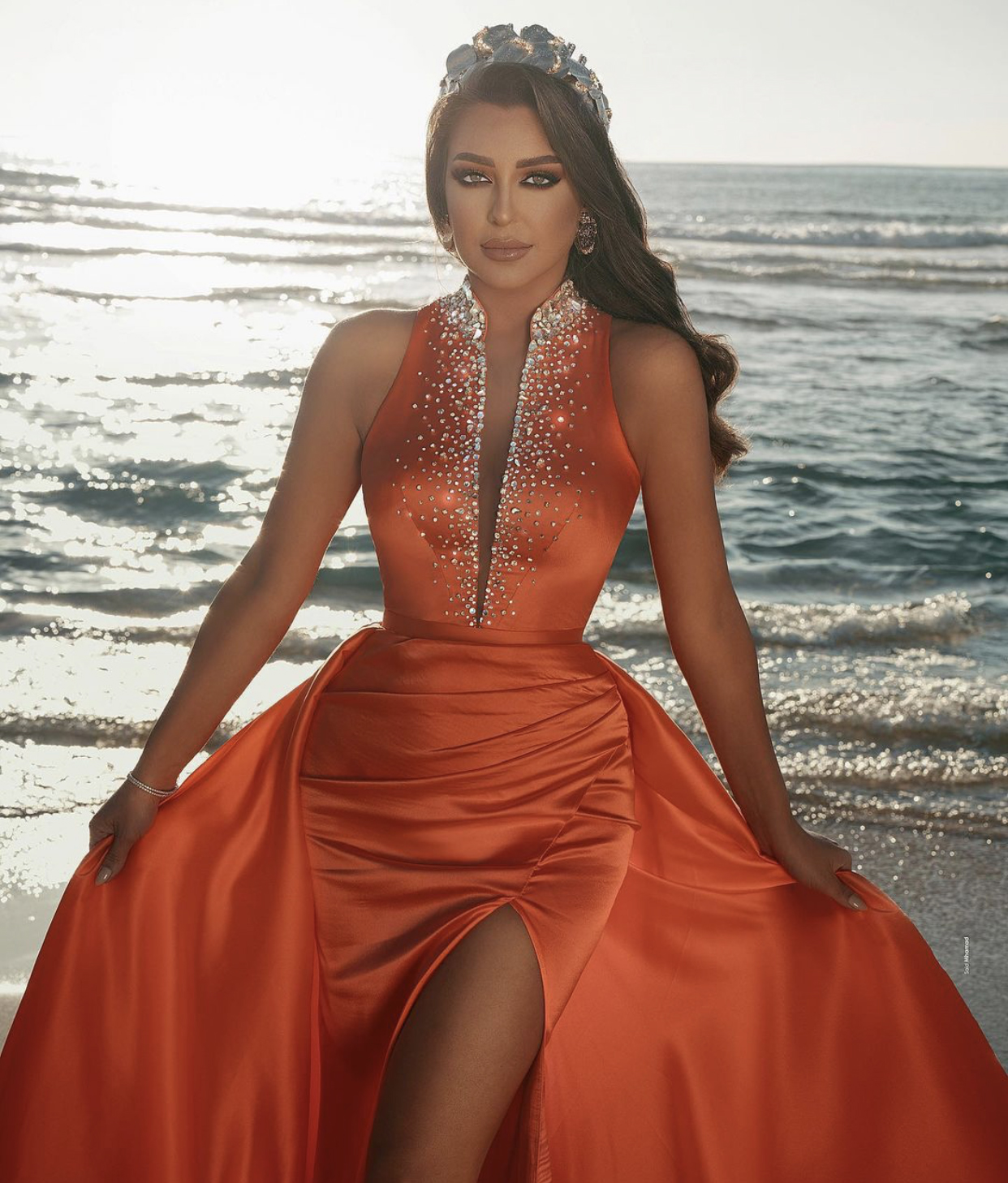 Sexy Orange Prom Dresses Keyhole Neck Mermaid Beads Crystals High Split African Sweep Train Evening Gowns Middle East Plus Size Vestidos De Festa