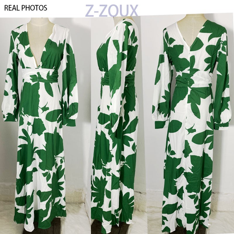 Women Dress Lantern Sleeve V-neck Print Dresses Long Plus Size Vintage Sexy Flowers Fashion 210524