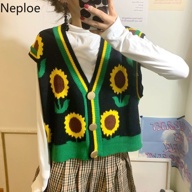 Neploe Woman Sweaters Knit Print Pullovers Vest Women New Fashion Sleeveless Jumper Tops V-neck Loose Knitwear Tank 4G473 210422