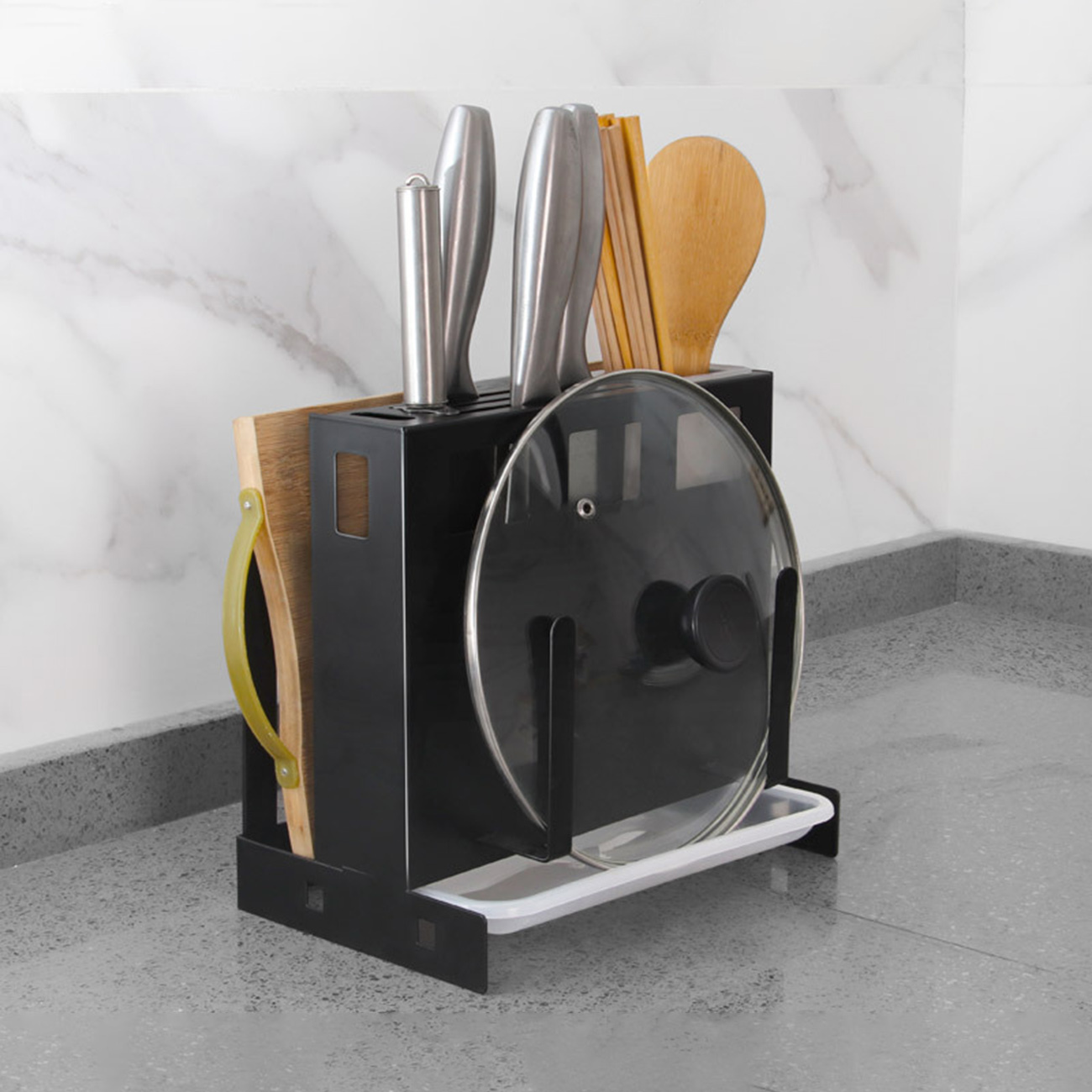 Kitchen items storage shelf pot cover cutlery chopsticks canister integrated storage desk knife shelf content shelf mesa style