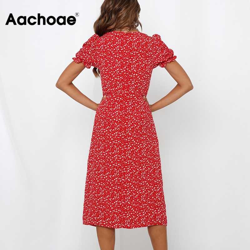 Aachoae Elegant Floral Print Dress Front Split Party Midi Dress Butterfly Short Sleeve Vintage Red Dress A Line Sundress Vestido 210630