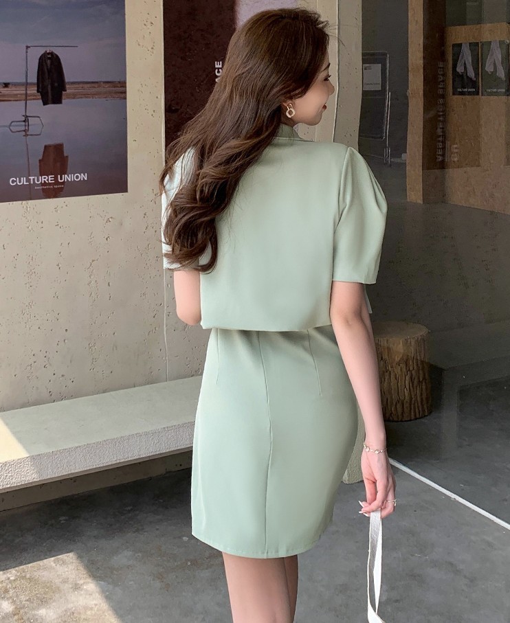 Office OL Puff Short Sleeve Blazer Coat + Sexy Ruched Sling Dress Fashion Women Two Piece Set Summer Female Outfits 210518