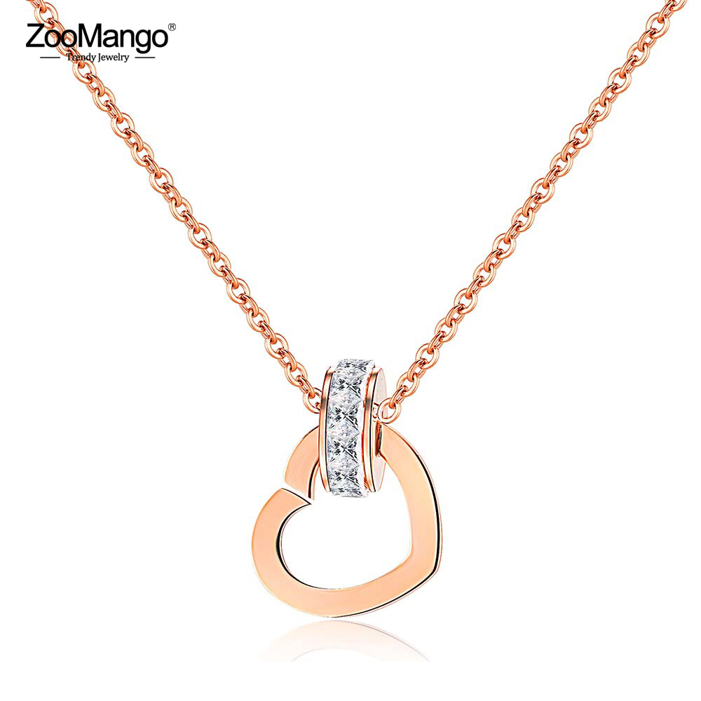 

ZooMango Luxury Cubic Zirconia Circle Heart Charm Pendant Necklaces Rose Gold Stainless Steel Chain Neckalce Jewelry ZN17063