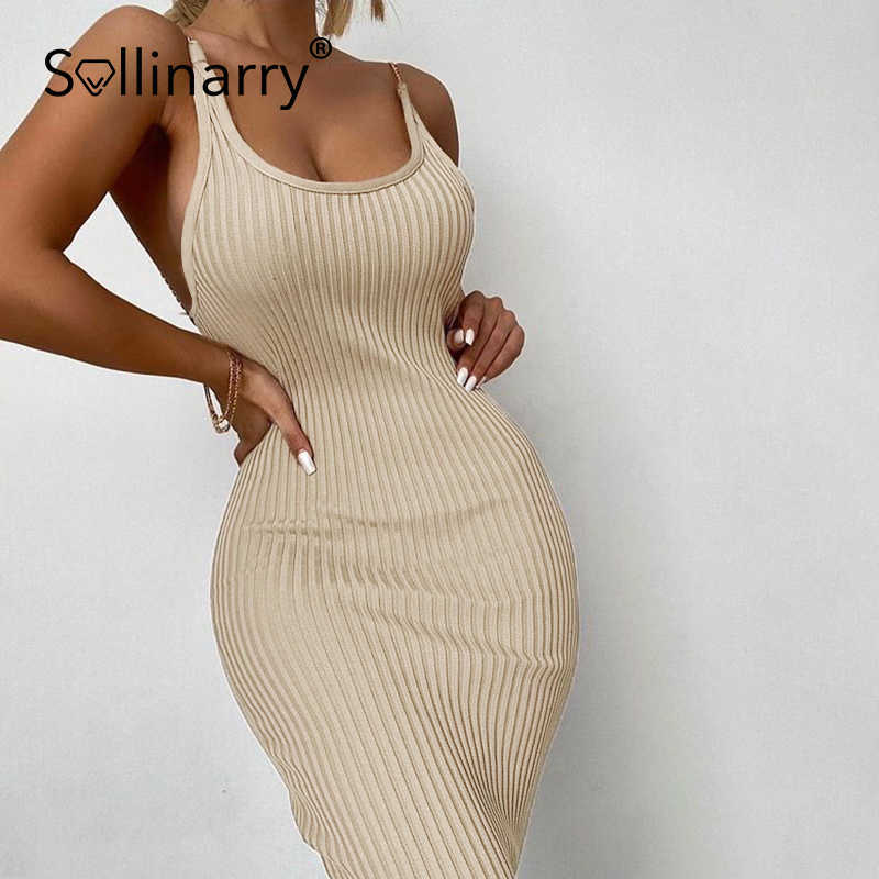 Sollinarry Chain suspender backless women dress summer Sexy solid slim spaghetti strap long dress Party fashion wear night club 210709