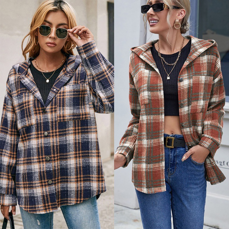 Women's Coat Loose Casual Long-sleeved Single-breasted Checkered Hooded Jacket Fashion Dovetail Plaid Shirt Top Outerwear, Black;brown
Women's Coat Loose Casual Long-sleeved Single-breasted Checkered Hooded Jacket Fashion Dovetail Plaid Shirt Top Outerwear, Black;brown