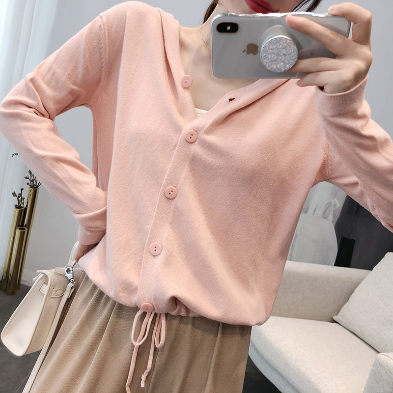 Drawstring Lace Up Short Hooded Cardigan For Women Spring Long Sleeve Single Breasted Sweatshirts Harajuku Knitwear Coat Female 210522