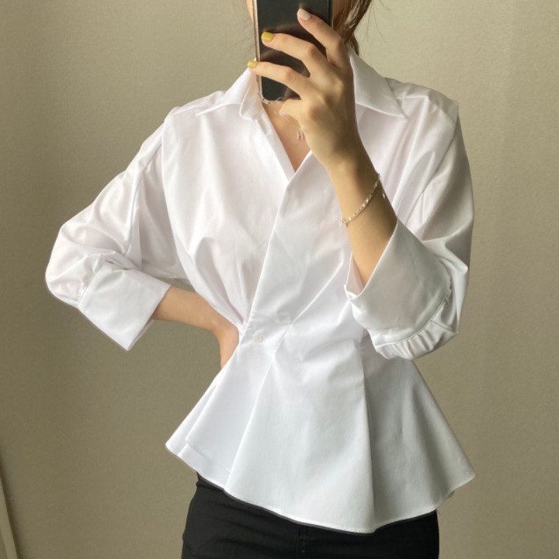 Nomikuma Chic Korean Pleated Slim Waist Women Blouse Long Sleeve Turn-down Collar Elegant Shirt Autumn New Blusa Top 6C504 210427