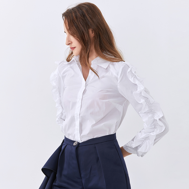 Patchwork Ruffle Shirt For Women Lapel Long Sleeve Casual White Blouse Female Fall Fashion Stylish 210524