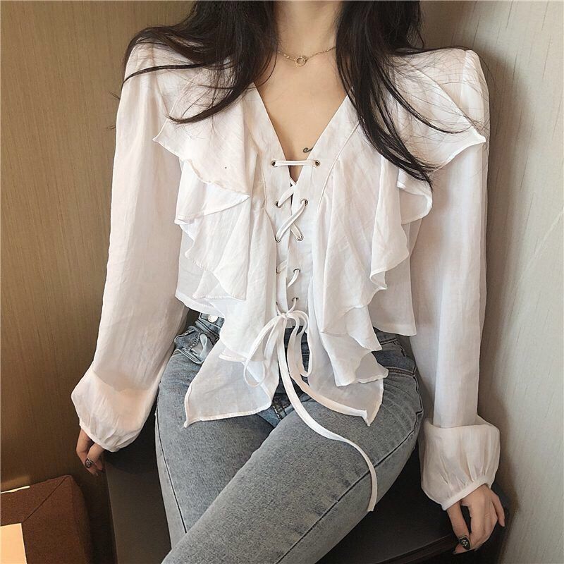 Wonder Bandage Chiffon Blouse Women Long Sleeve Elegant Korean Hajaruku Casual Loose White Autumn Top 210510
